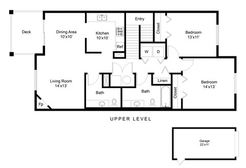 Floor plan for 2 beds, 1.5 baths, 1140 sqft